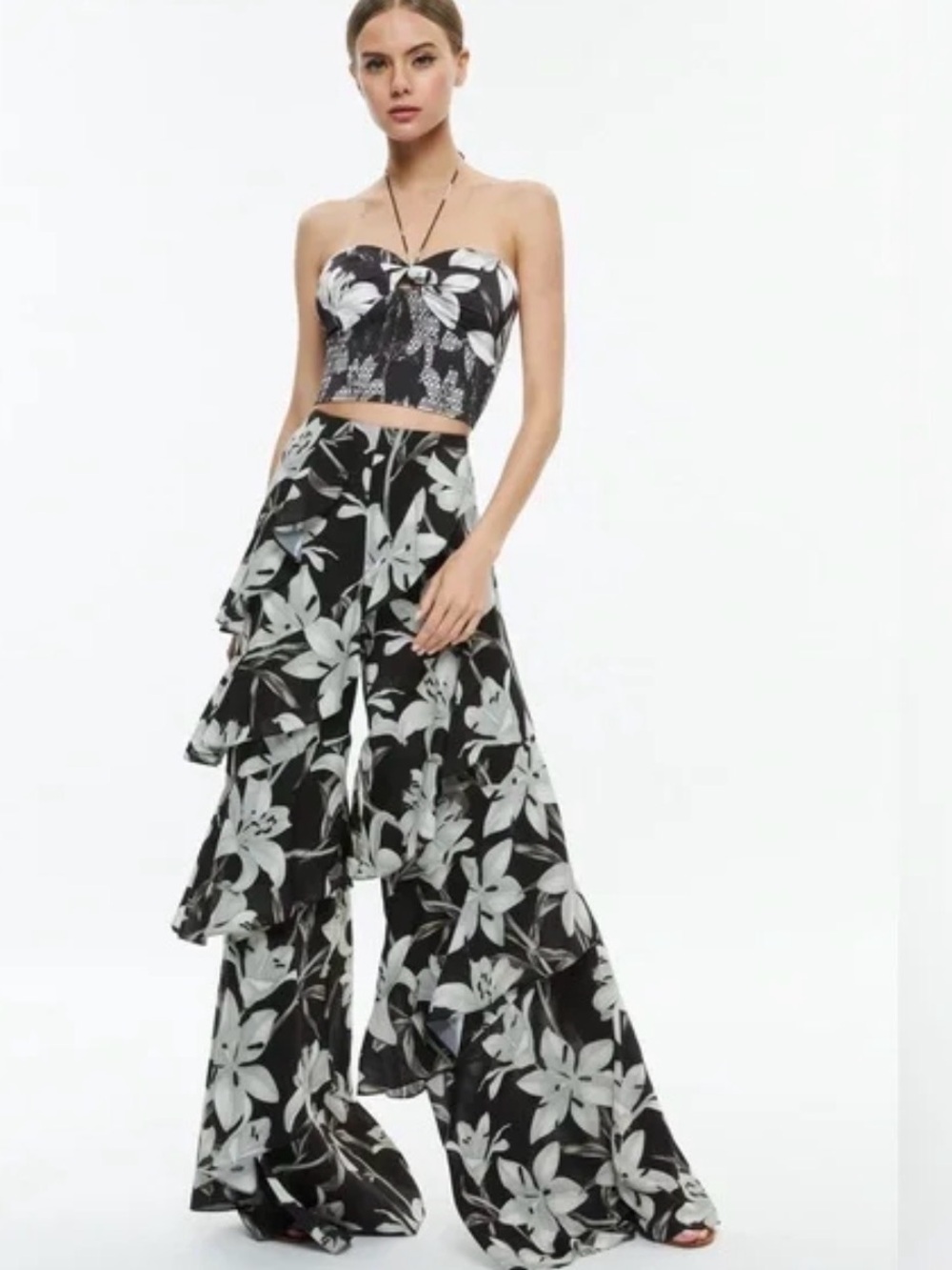 Alice + Olivia Black & White Floral Tiered Wide-Leg Pants and Top